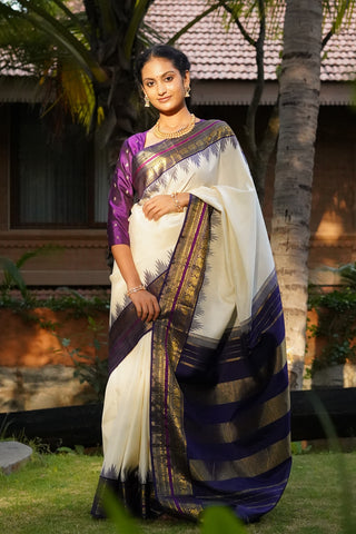 Off-white and Blue Kanchipuram Pure Silk Saree