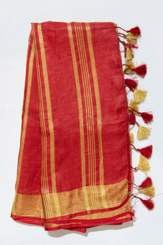 Gold and Red Pure Linen Saree