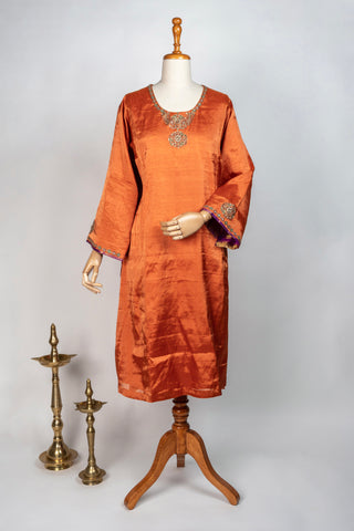 Orange Tanjore Embroidered Tissue Kurti with Pant and Shantoon Lining