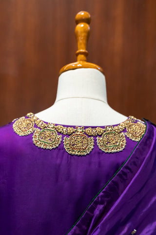 Royal Purple Modal Satin Kurta Pant Set with Intricate Tanjore Work & Pure Silk Dupatta