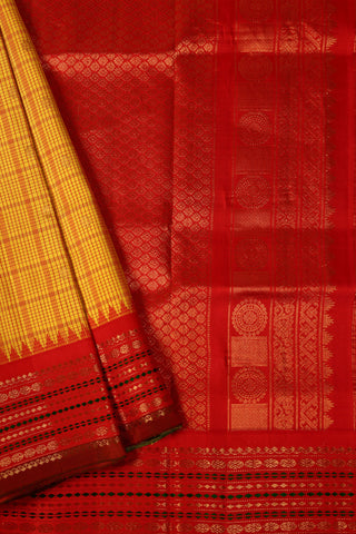 Turmeric Yellow and Red Gadwal Silk Saree with checks and zari border
