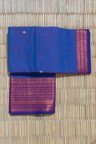 Blue and Red Chettinad Cotton Saree with Purple Border and White Motifs