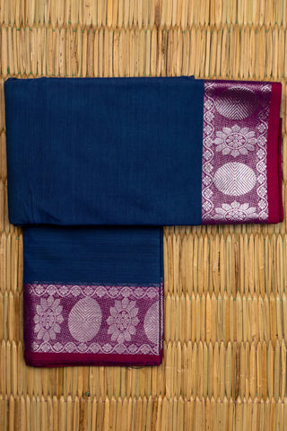 Navy Blue Chettinad Cotton Saree with Silver Zari Floral and Oval Motifs