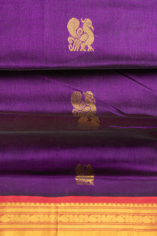 royal purple and rani pink cotton silk saree with gold zari peacock buttas handcrafted saree from Madhurya