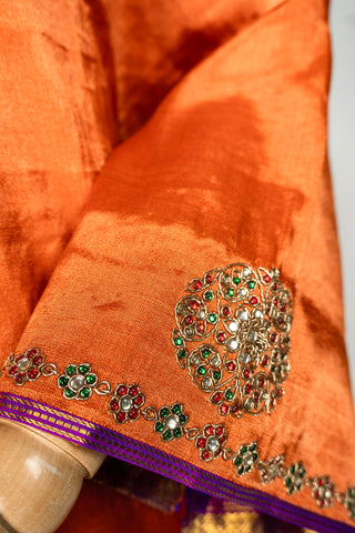 Orange Tanjore Embroidered Tissue Kurti with Pant and Shantoon Lining
