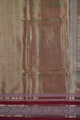 Golden olive green and bronze shot silk cotton saree with maroon border woven with elephant and peacock motifs