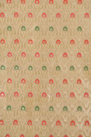 Beige gold Banarasi jacquard dupatta with red and green meenakari florals and ornate pallu with red geometric details