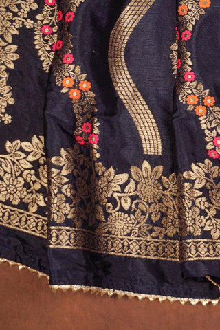 Navy blue silk dupatta with wavy gold zari leheriya stripes, pink and orange meenakari vines and gold kiran lace edging