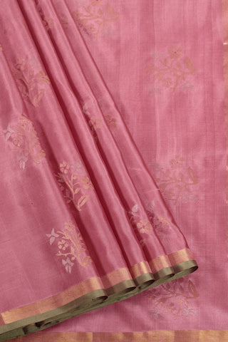 Pink Uppada Silk Saree with Floral Motifs & Green Gold Border – Shop now for this Uppada silk saree online.