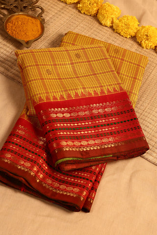 Turmeric Yellow and Red Gadwal Silk Saree with checks and zari border