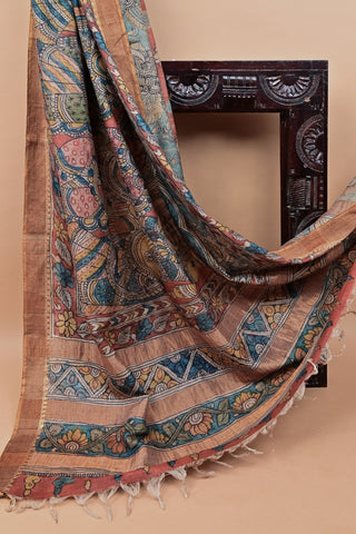 Tussar Kalamkari saree with floral and myth motifs