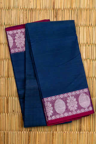 Navy Blue Chettinad Cotton Saree with Silver Zari Floral and Oval Motifs