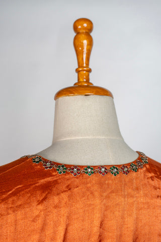 Orange Tanjore Embroidered Tissue Kurti with Pant and Shantoon Lining