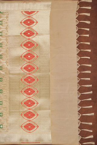 Beige gold Banarasi jacquard dupatta with red and green meenakari florals and ornate pallu with red geometric details
