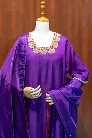 Royal Purple Modal Satin Kurta Pant Set with Intricate Tanjore Work & Pure Silk Dupatta