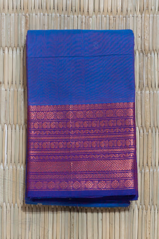 Blue and Red Chettinad Cotton Saree with Purple Border and White Motifs