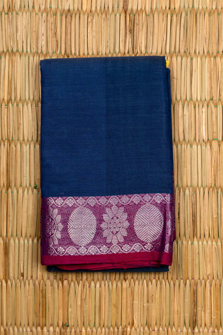 Navy Blue Chettinad Cotton Saree with Silver Zari Floral and Oval Motifs