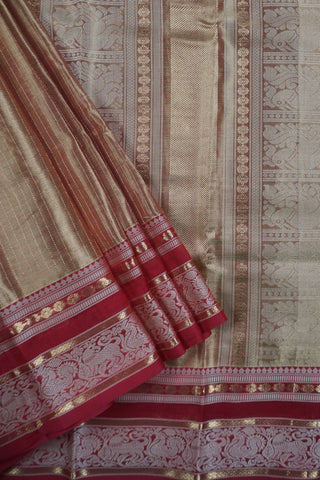 Golden olive green and bronze shot silk cotton saree with maroon border woven with elephant and peacock motifs