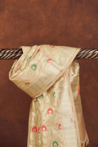 Beige gold Banarasi jacquard dupatta with red and green meenakari florals and ornate pallu with red geometric details