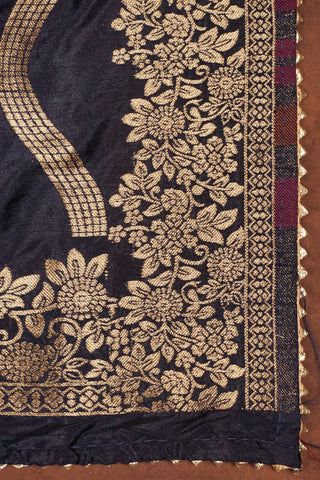 Navy blue silk dupatta with wavy gold zari leheriya stripes, pink and orange meenakari vines and gold kiran lace edging