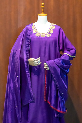 Royal Purple Modal Satin Kurta Pant Set with Intricate Tanjore Work & Pure Silk Dupatta