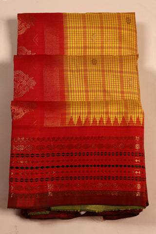 Turmeric Yellow and Red Gadwal Silk Saree with checks and zari border