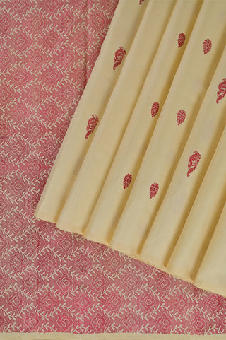Light Beige Kanjivaram Silk Saree with Red and Gold Buttas