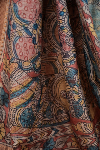 Tussar Kalamkari saree with floral and myth motifs
