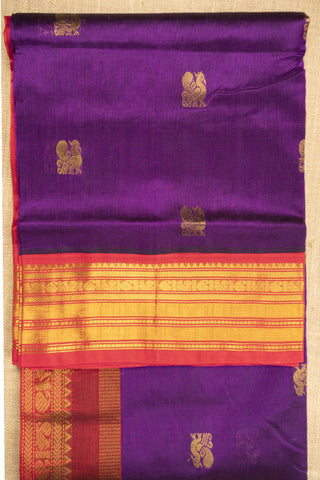 royal purple and rani pink cotton silk saree with gold zari peacock buttas handcrafted saree from Madhurya