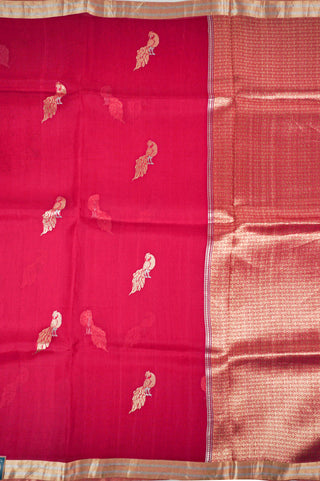 Red Organza Silk Saree with Peacock Motifs and Gold-Silver Zari handwoven saree