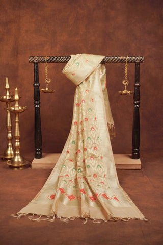 Beige gold Banarasi jacquard dupatta with red and green meenakari florals and ornate pallu with red geometric details