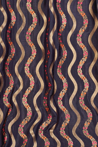 Navy blue silk dupatta with wavy gold zari leheriya stripes, pink and orange meenakari vines and gold kiran lace edging