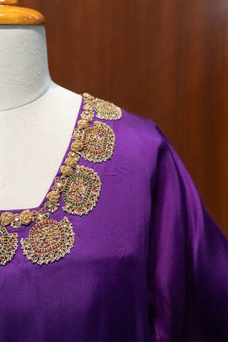 Royal Purple Modal Satin Kurta Pant Set with Intricate Tanjore Work & Pure Silk Dupatta