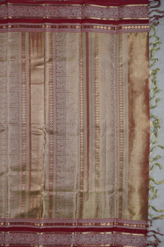 Golden olive green and bronze shot silk cotton saree with maroon border woven with elephant and peacock motifs