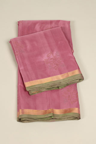 Pink Uppada Silk Saree with Floral Motifs & Green Gold Border – Shop now for this Uppada silk saree online.