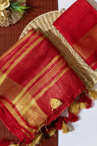Gold and Red Pure Linen Saree