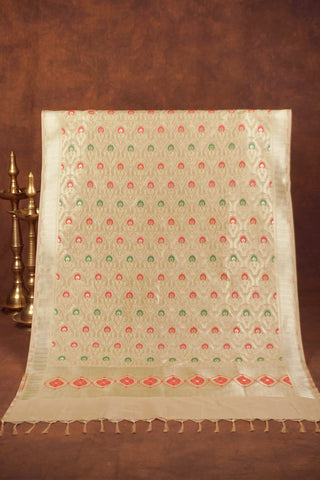Beige gold Banarasi jacquard dupatta with red and green meenakari florals and ornate pallu with red geometric details