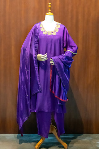 Royal Purple Modal Satin Kurta Pant Set with Intricate Tanjore Work & Pure Silk Dupatta