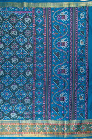 Peacock Blue Art Silk Patola Print Saree with Navratan and elephant motifs