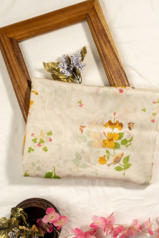 White Chanderi dupatta with tiny yellow floral print