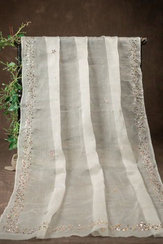 Off white pure silk organza dupatta with kaamdani mukesh embroidery