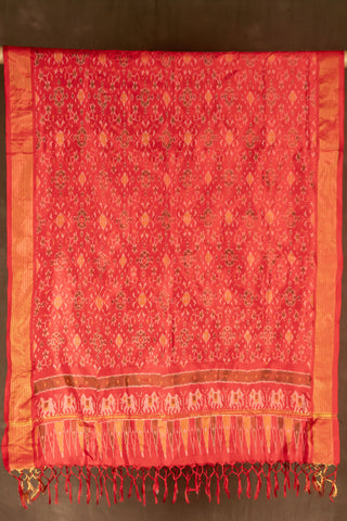Red pure silk Ikat dupatta with geometric motifs and tassels