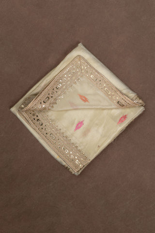 Gold tissue silk dupatta with heavy zari embroidery and maroon piping border