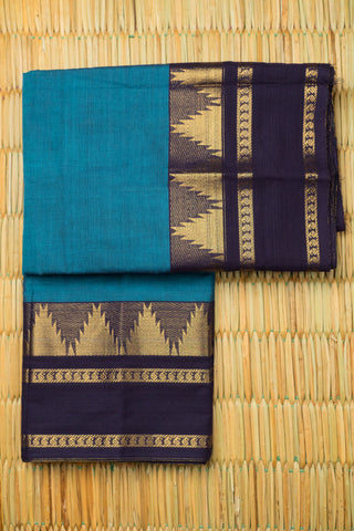 Teal blue Chettinad cotton saree with navy blue and gold woven border and subtle stripes
