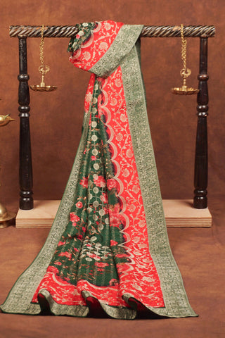 Bottle green Bandhani-pattern Dola silk dupatta with floral motifs, scalloped red zari border and woven green Banarasi edge
