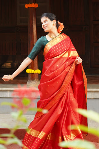 Ruby Red Kanjivaram Pure Silk Saree with Gold Micro Checks Floral Buttas Dual Motif Zari Border and Bottle Green Selvedge