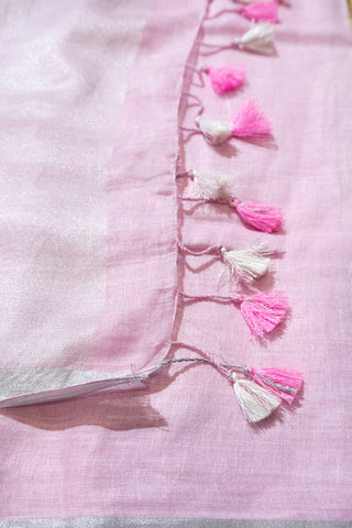 Baby Pink And Silver Pure Linen Saree