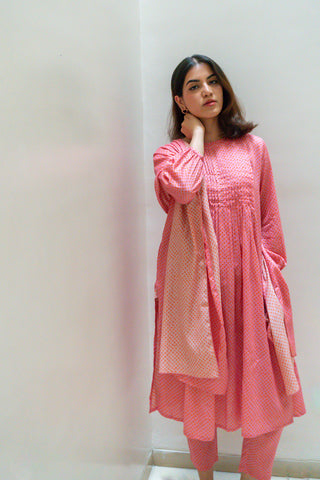 Pink  Bandhani Cotton Satin Suit with Dupatta
