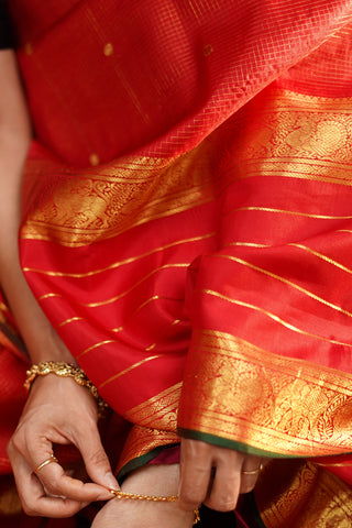 Ruby Red Kanjivaram Pure Silk Saree with Gold Micro Checks Floral Buttas Dual Motif Zari Border and Bottle Green Selvedge