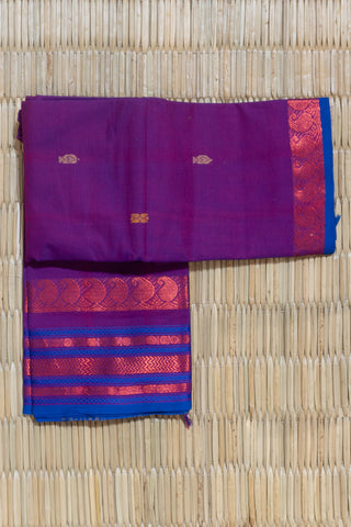 Magenta and Blue Chettinad Cotton Saree with Copper Zari Border